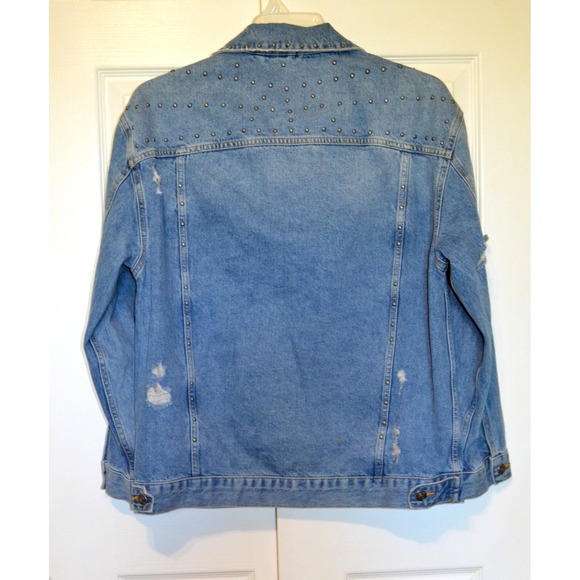 FREE PEOPLE Studded Original Denim Jean Distressed B/F Trucker Jacket Womens S‎ - Picture 4 of 16